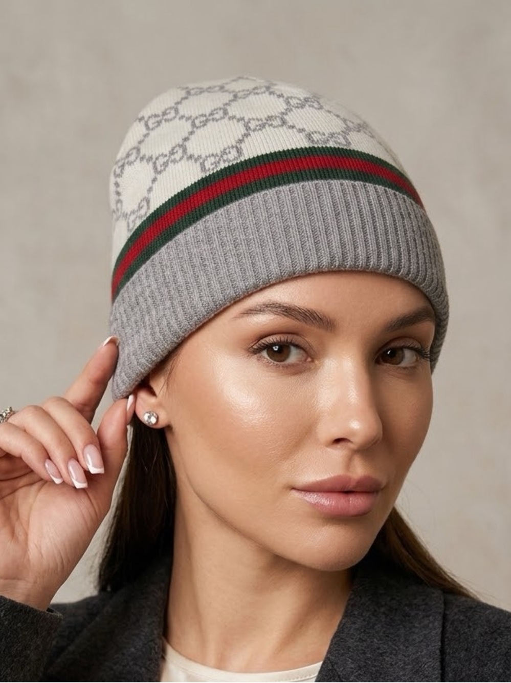 GUCCI GG Monogram Web Stripe Wool Cashmere Beanie Hat Grey Ivory